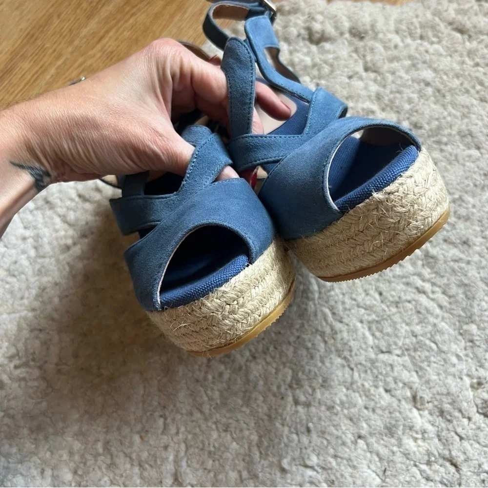 Kanna: Sky Blue Suede Espadrille Ankle Buckle Wedges NWOT Size 39